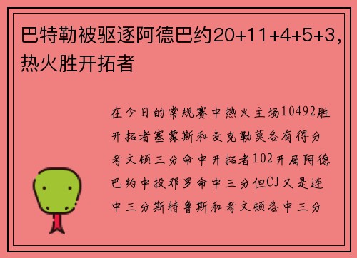 巴特勒被驱逐阿德巴约20+11+4+5+3，热火胜开拓者