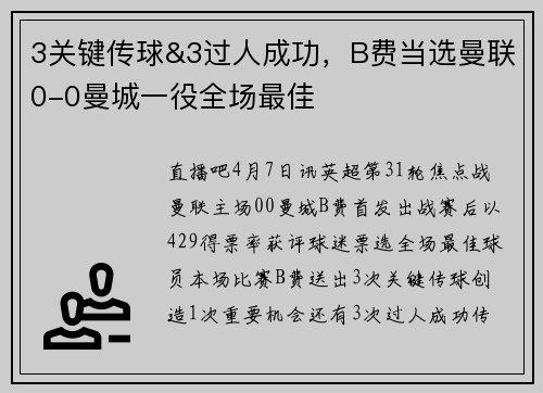 3关键传球&3过人成功，B费当选曼联0-0曼城一役全场最佳