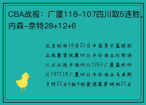 CBA战报：广厦118-107四川取5连胜，内森-奈特28+12+6